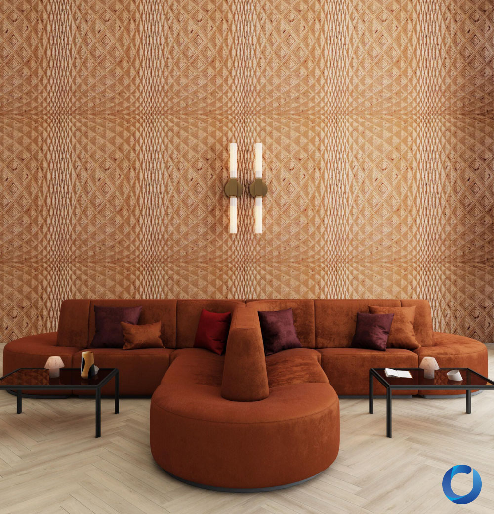 Luxurious living room with velvet sectional sofa and textured wall. Velvelux 1000x1040