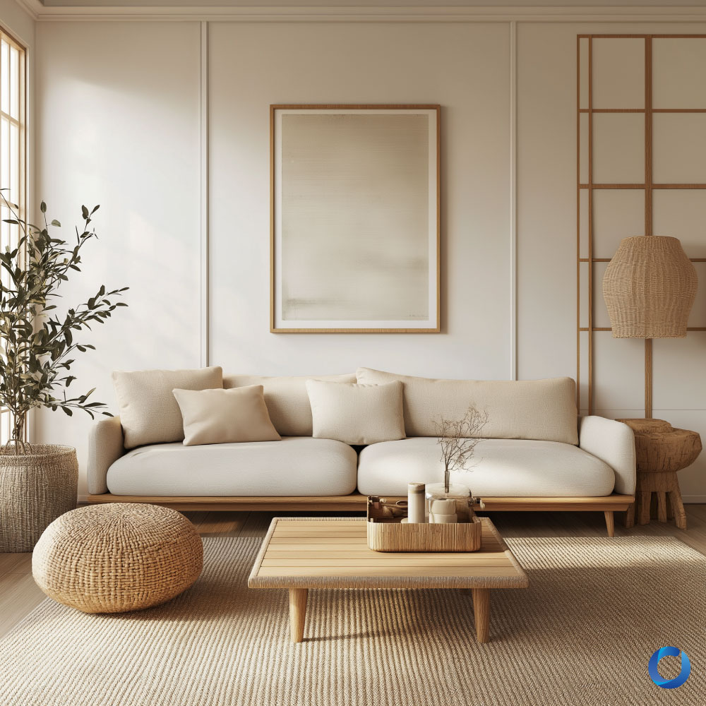 Scandinavian-style living room with a cozy beige sofa, wooden coffee table, and natural woven decor. Features soft lighting, minimalist design, and a warm, inviting ambiance.
