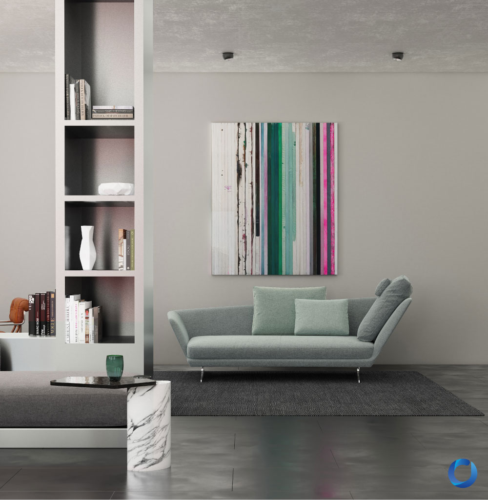 Modern grey sofa with pastel cushions in minimalist room. Deluxe Collection