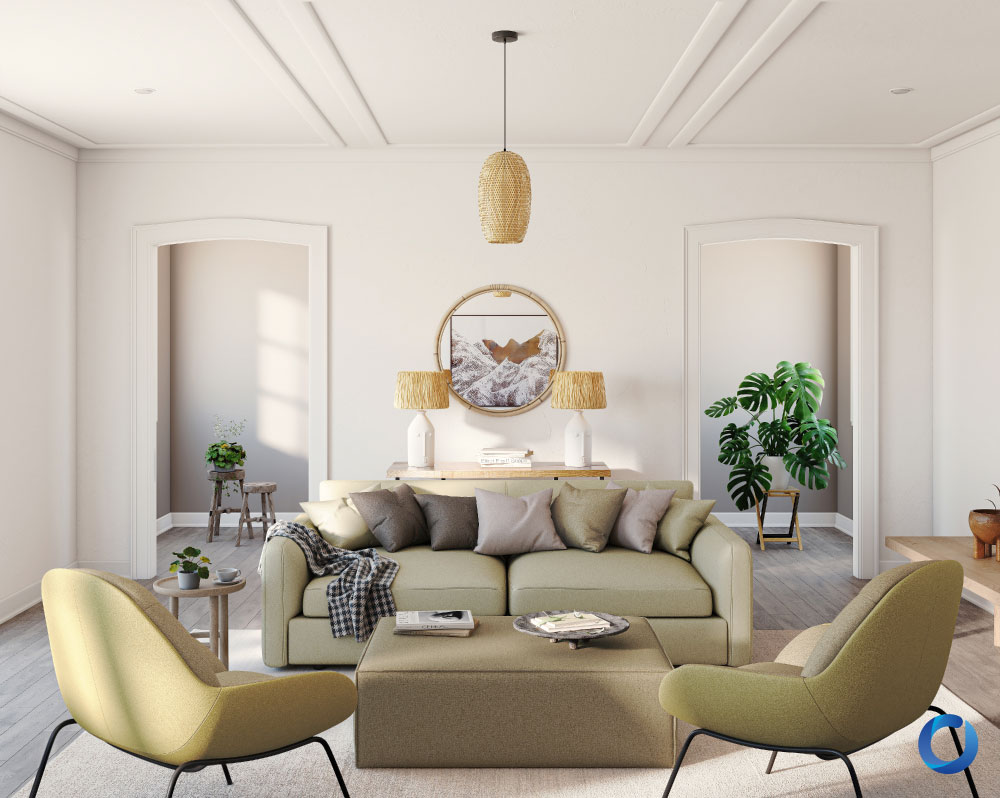 Cozy living room with an earthy green sofa set, modern accent chairs, and warm neutral decor. Features natural lighting, woven pendant lighting, and stylish minimalist design. Collection Fellow