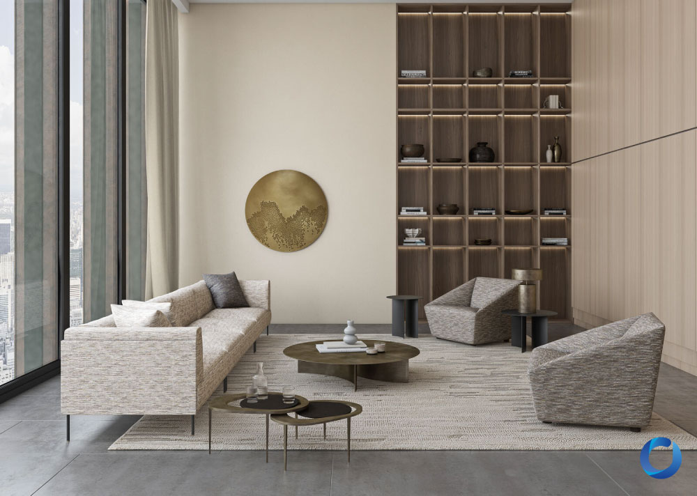 Elegant living room with floor-to-ceiling windows, a neutral-toned sofa set, and a modern wooden shelving unit. Features warm lighting, textured fabrics, and a sophisticated minimalist design. Mantila Collection