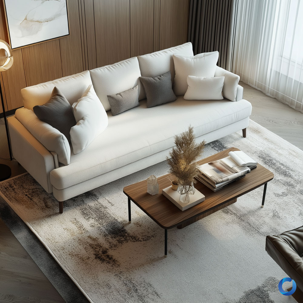 Stylish modern living room with a sleek white sofa, wooden coffee table, and elegant neutral decor. Features soft lighting, textured cushions, and a cozy ambiance.