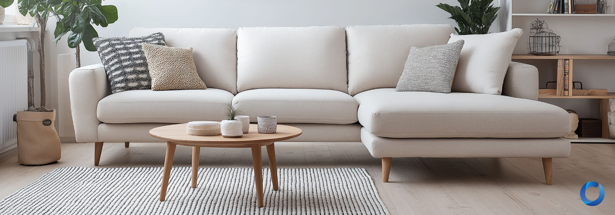 Modern Scandinavian living room featuring a cozy white sectional sofa, wooden coffee table, and minimalist decor. Accented with neutral tones, indoor plants, and soft natural lighting.