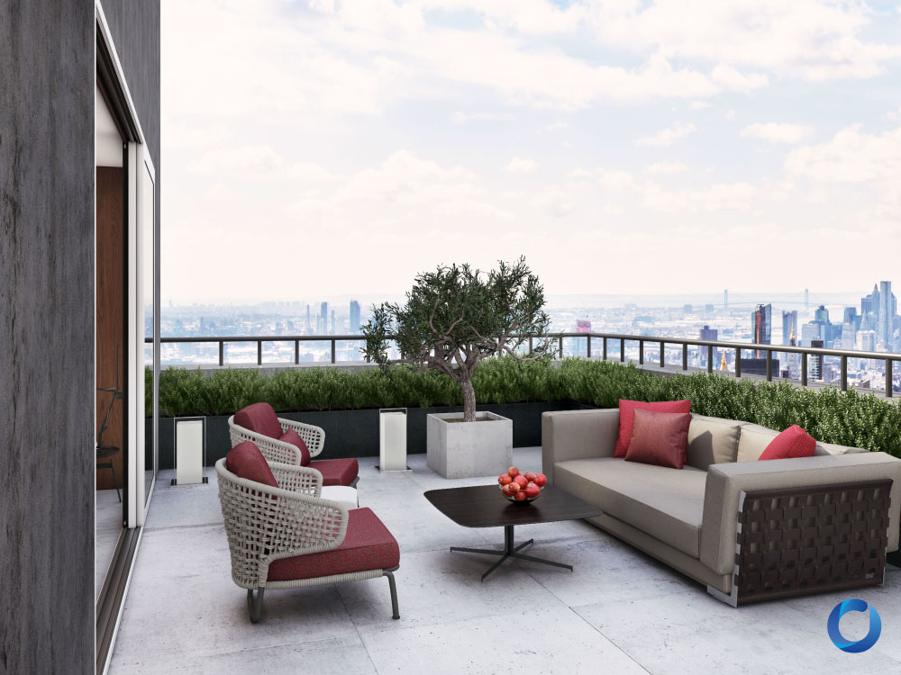 Modern outdoor terrace with woven armchairs and city view. Out Collection
