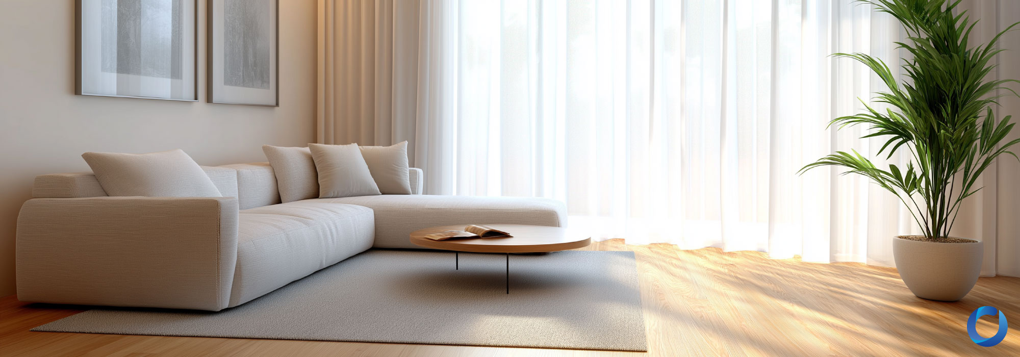 Bright minimalist living room with white sofa and sheer curtains