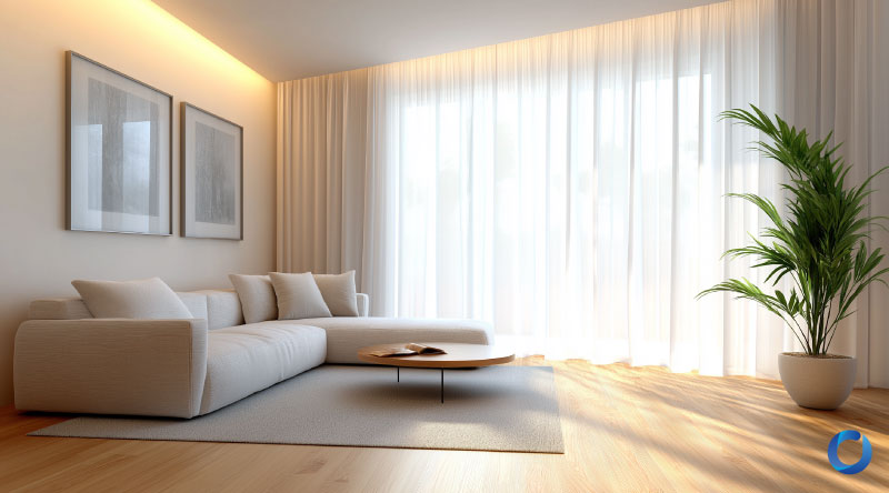 Bright minimalist living room with white sofa and sheer curtains