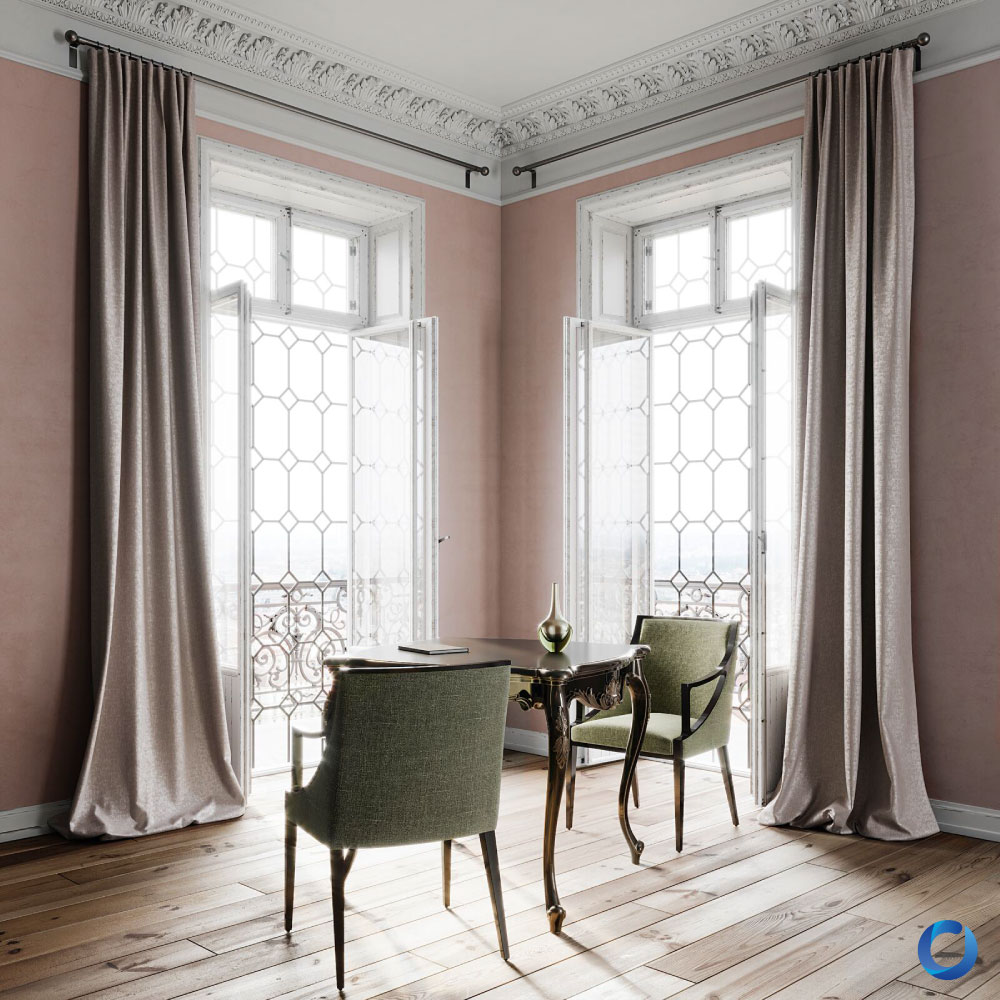 Elegant European curtains in classic interior with natural light. Davinci Collection