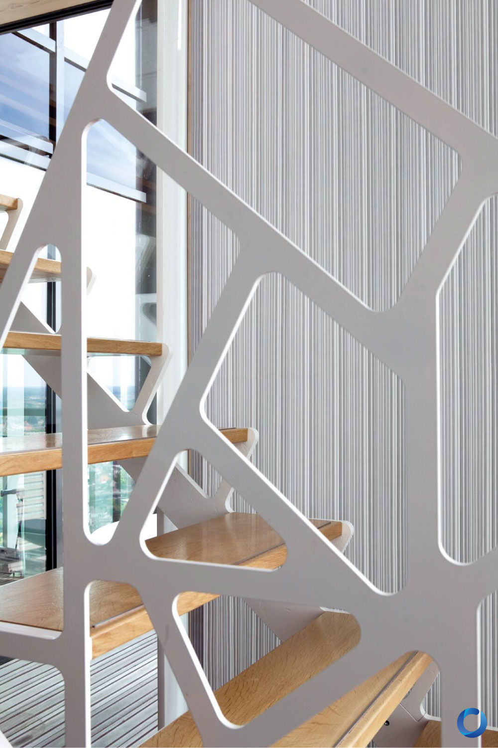 Dimout fabric with modern staircase and geometric railing. Dim Out Desire Collection