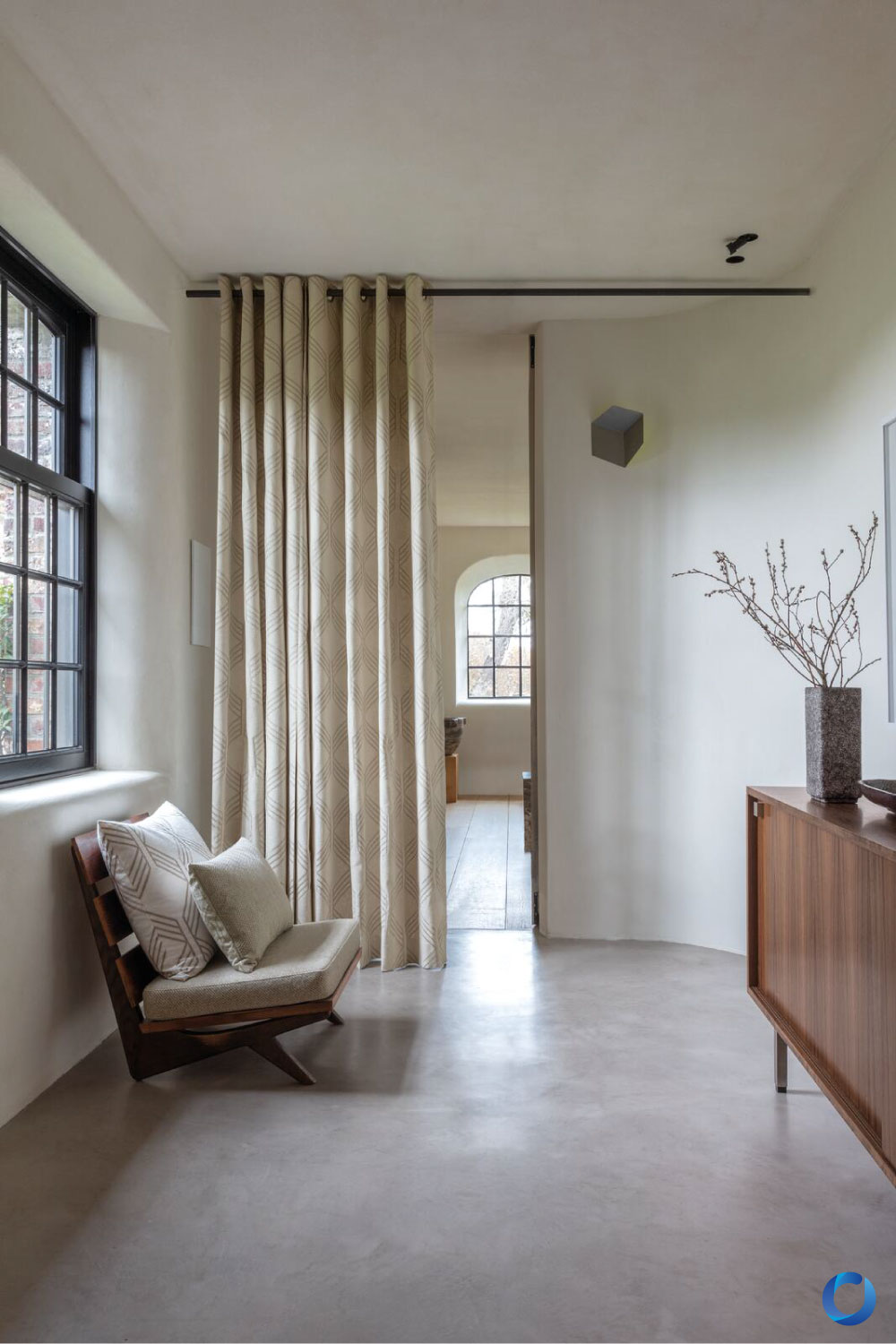 Neutral patterned curtain in modern minimalist living space. Milltown Collection