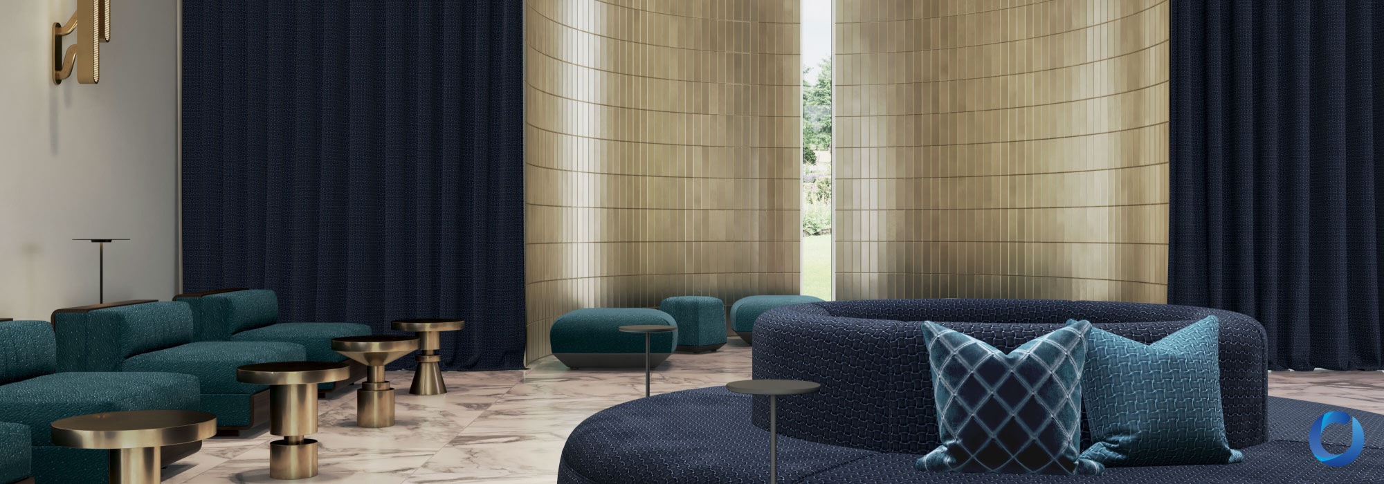 Luxurious lounge with dark drapes, gold accents, and marble flooring. Neolux Collection