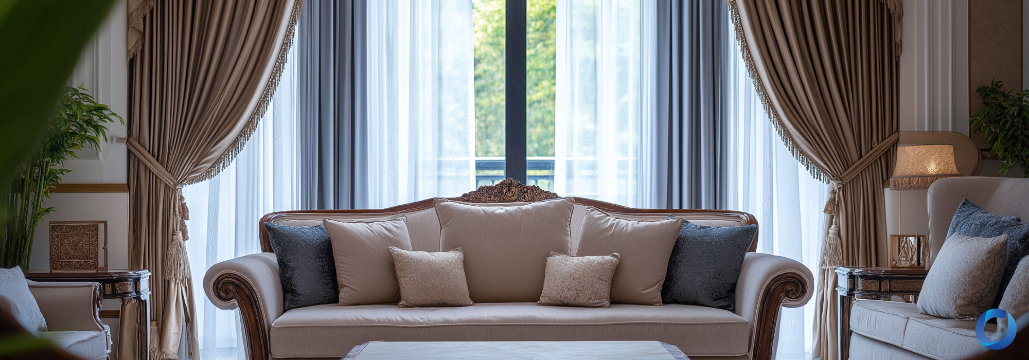 Classic European living room with layered drapes and ornate sofa.