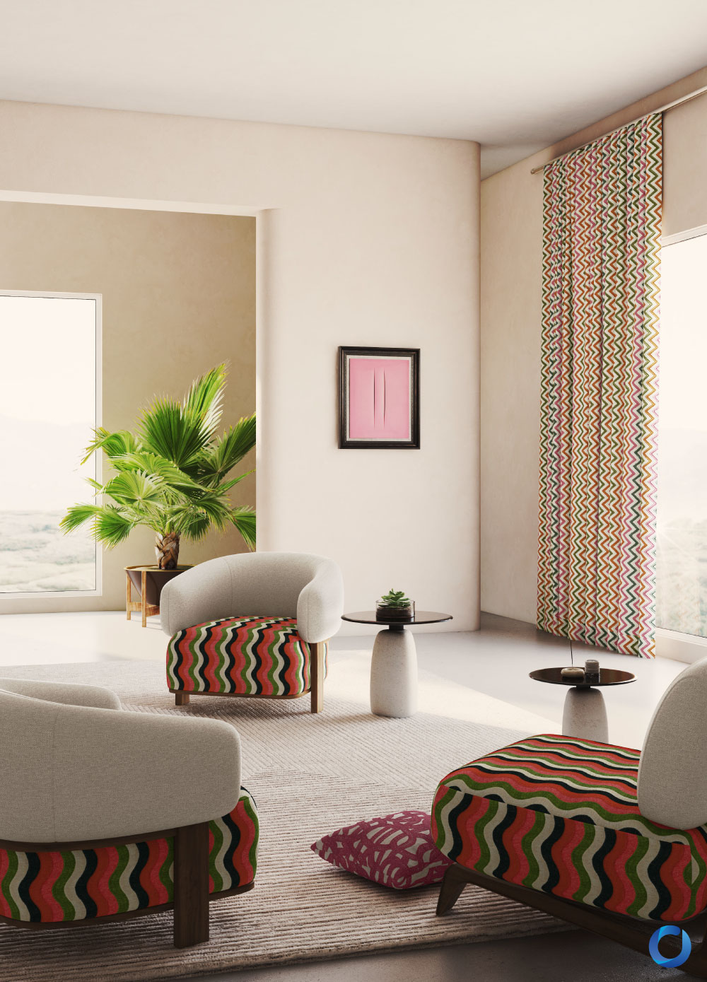 Vibrant zigzag curtain in modern living space with bold decor. Riverside Collection