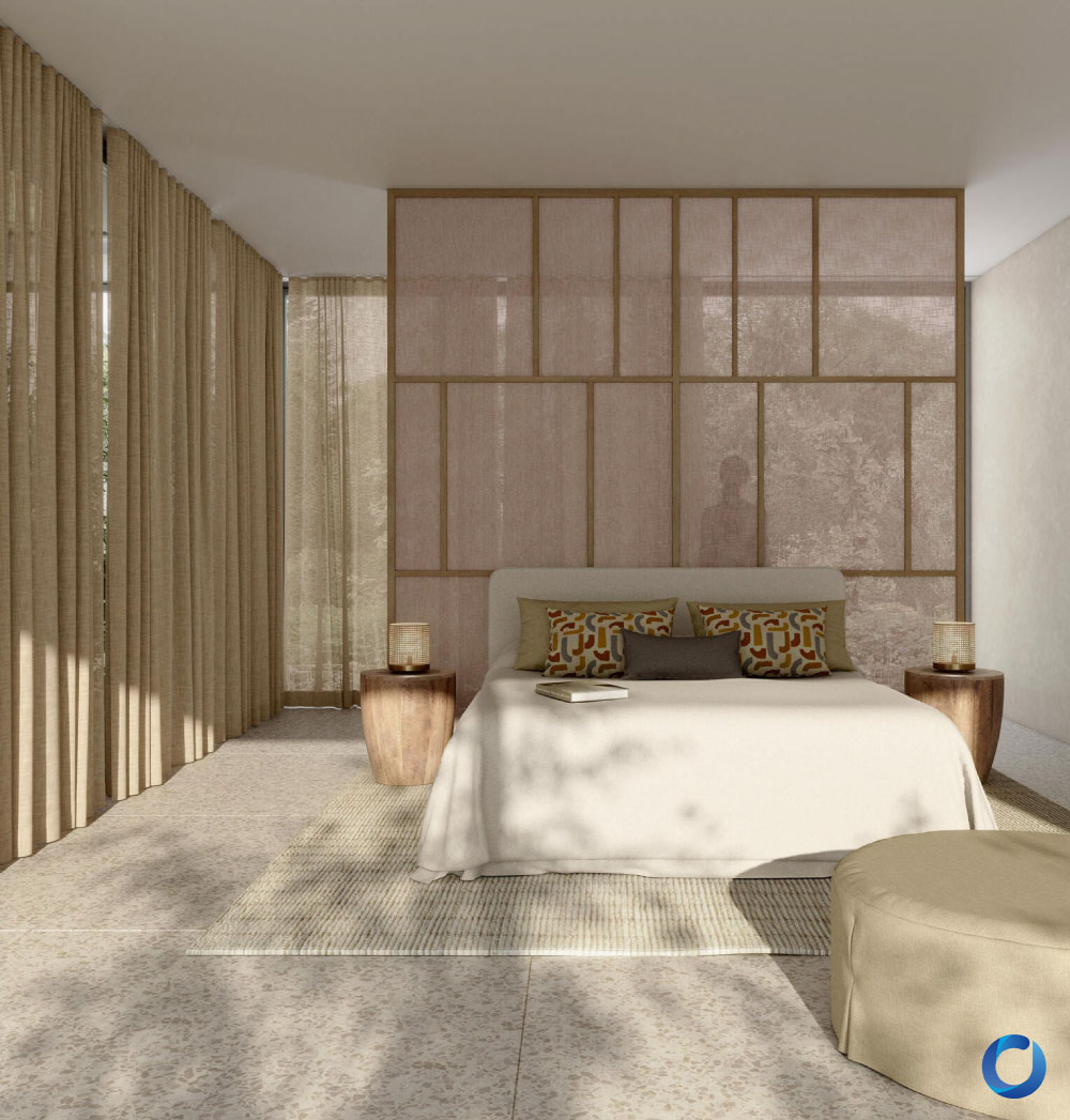 Serene bedroom with neutral curtains and soft natural lighting. Skylark Collection