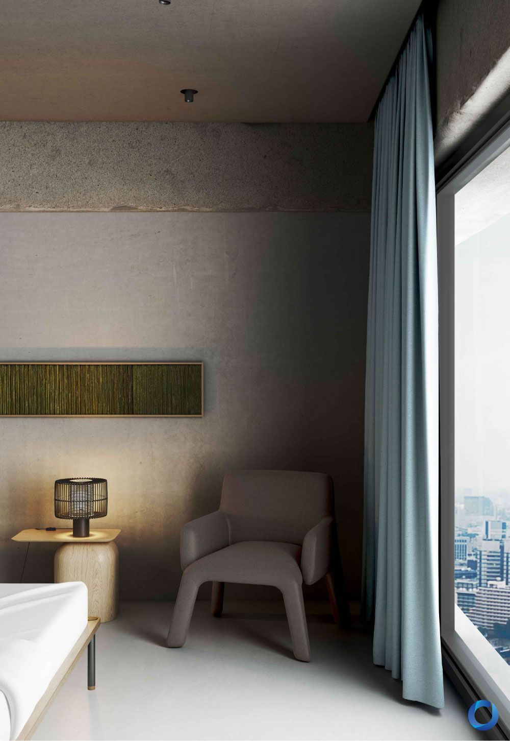 Modern bedroom with soft blue curtains and ambient lighting. Solunar Collection
