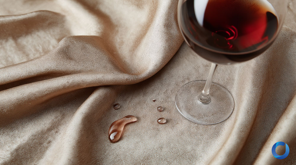 Stain-resistant fabric with spilled wine droplets on surface.