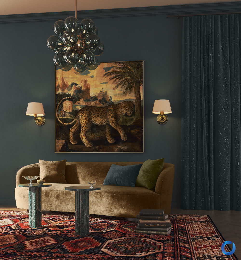 Moody living space with dark drapes, vintage decor, and artwork. Starbooster Collection
