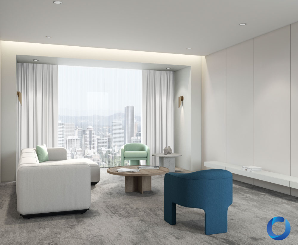 Modern minimalist living room with premium upholstered furniture. Boss Collection