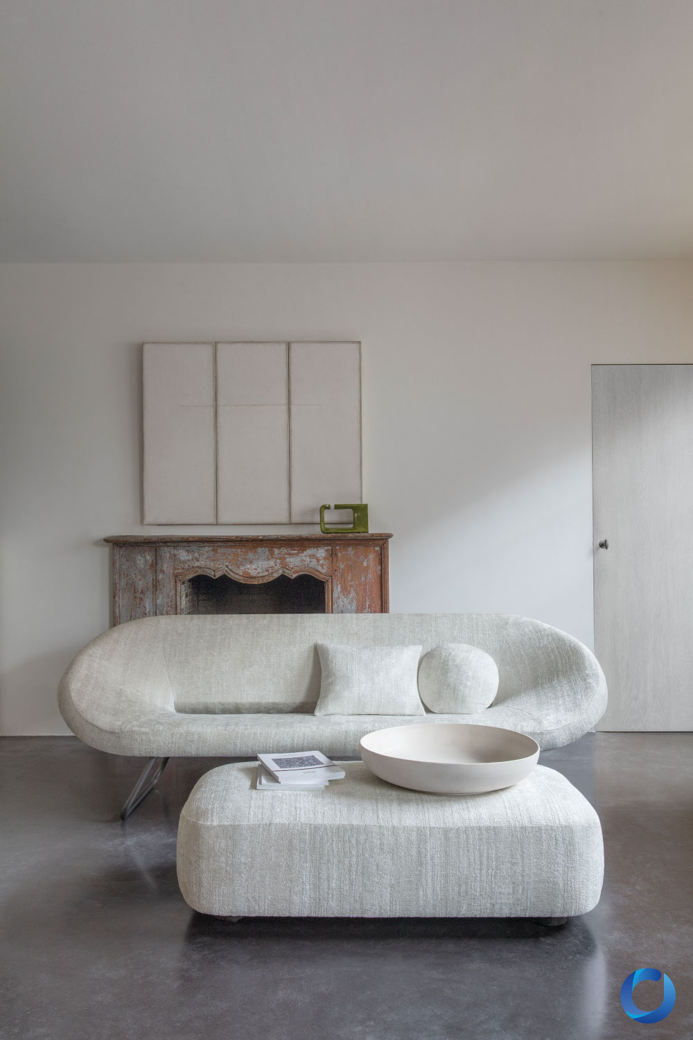 Contemporary organic sofa with textured neutral fabric upholstery. Brigadier Collection