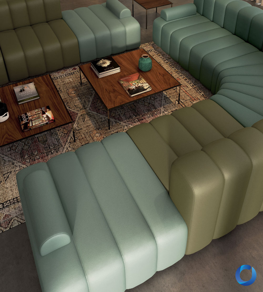 Modern modular leather sofa in green tones with wooden tables. Integra Collection