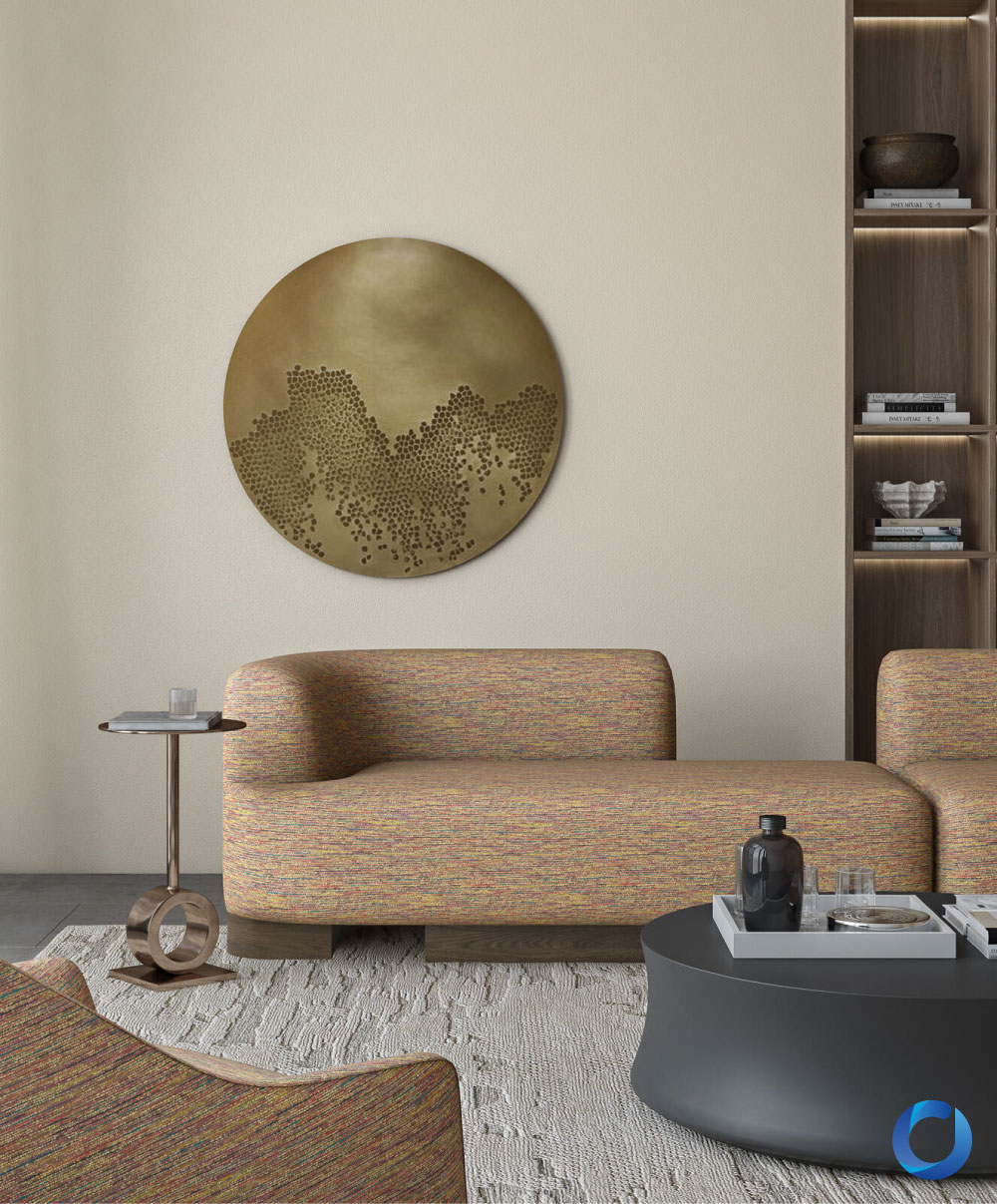 Earth-tone upholstered sofa in a modern, artistic living space. Mantilla Collection