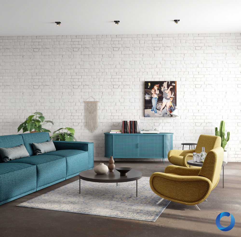 Contemporary loft living room with colorful upholstered furniture. Matica Collection