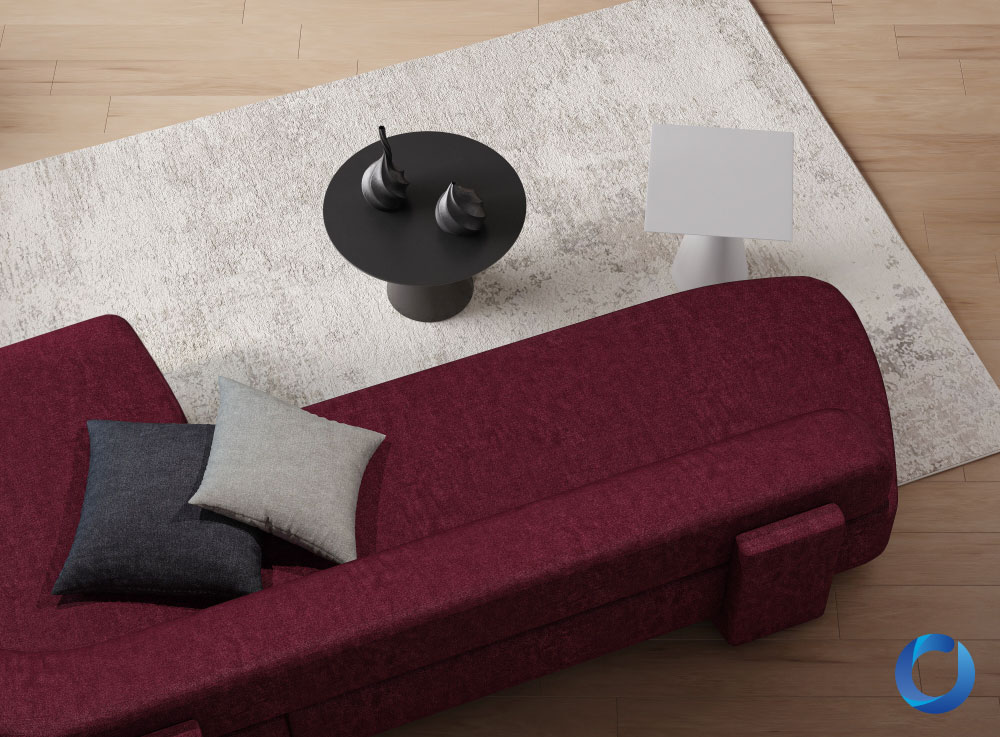 Modern burgundy sofa with textured fabric and accent pillows. Melangerie Collection