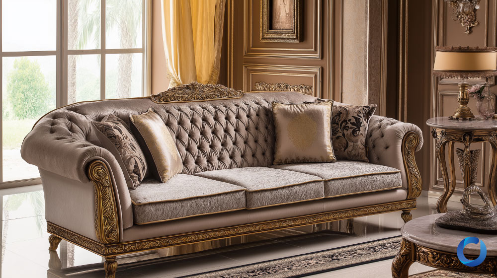 Ornate tufted sofa with gold accents and luxurious upholstery