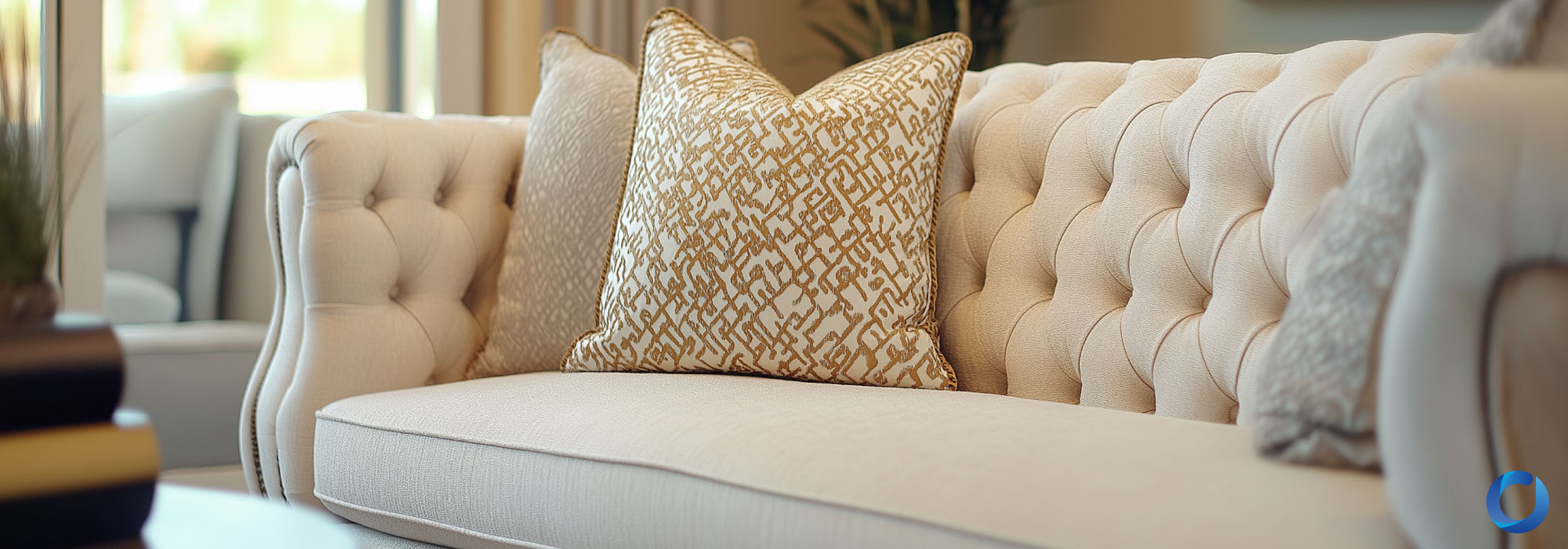 Classic tufted sofa with elegant European fabric cushions