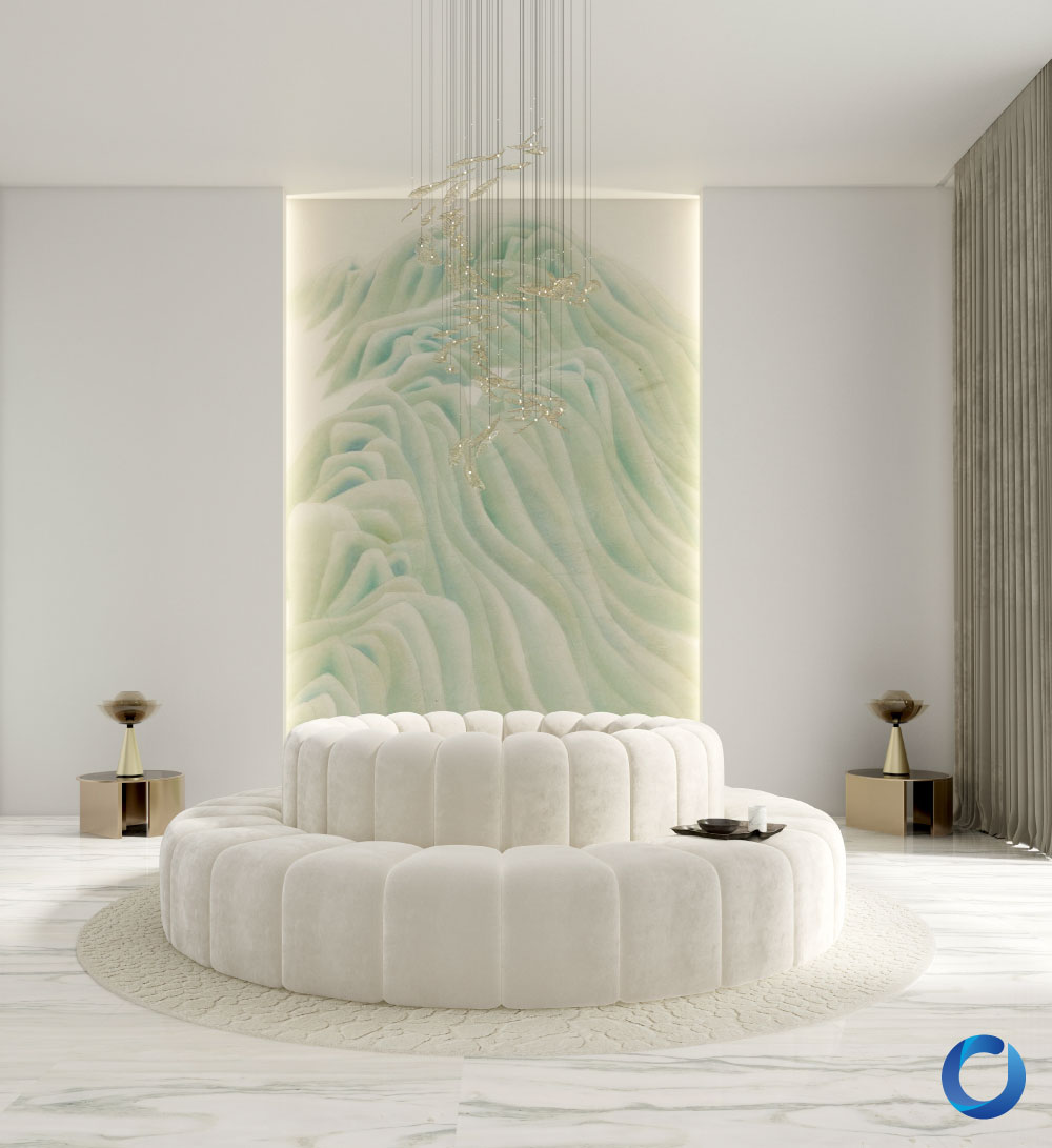 Elegant circular tufted sofa in a luxurious modern interior. Verbier Collection