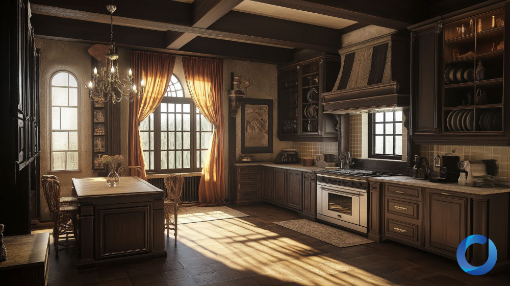 Elegant European kitchen with warm-toned curtains and vintage decor.