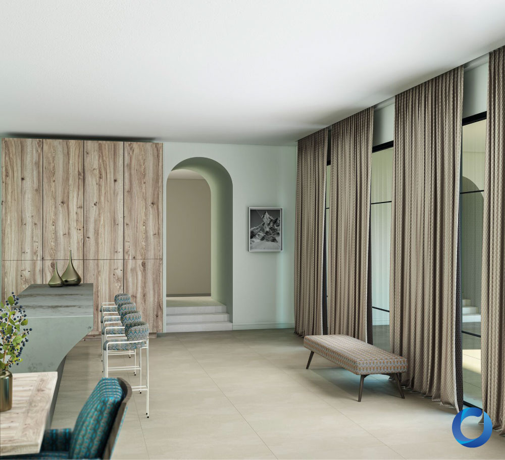 Modern minimalist interior with floor-to-ceiling textured curtains.