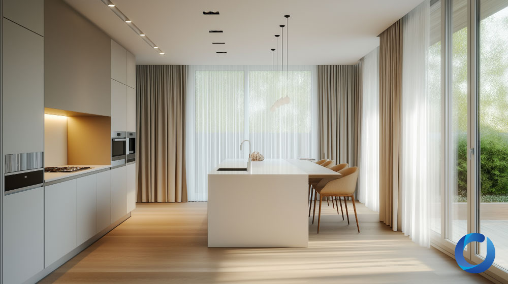 Minimalist kitchen with floor-to-ceiling sheer and blackout curtains.