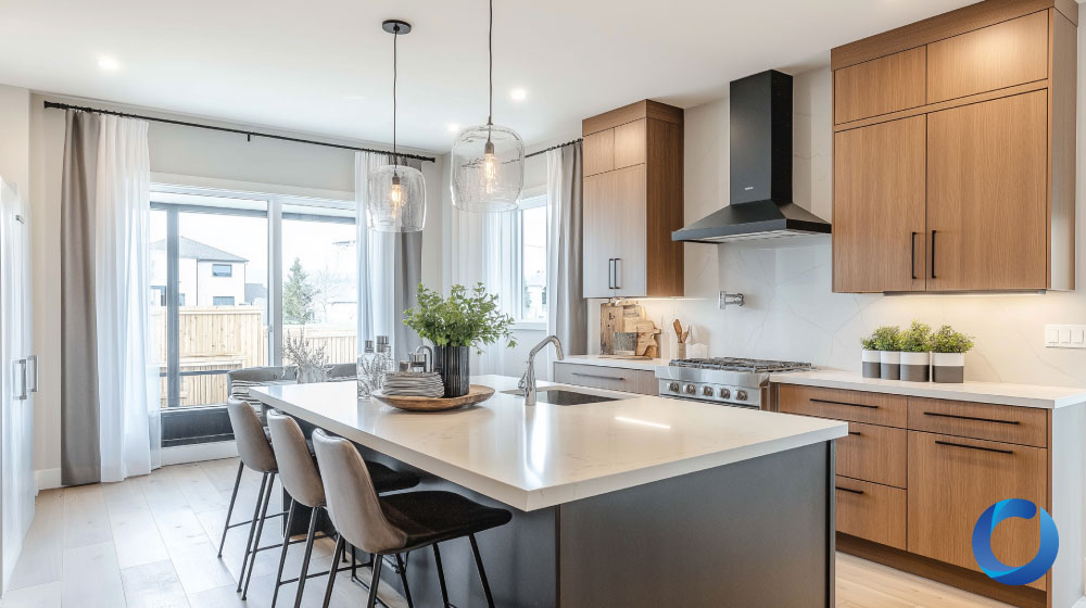 Modern kitchen with sheer and blackout curtains for natural light.
