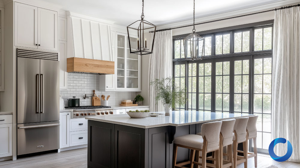 Bright farmhouse kitchen with sheer curtains and black window frames.