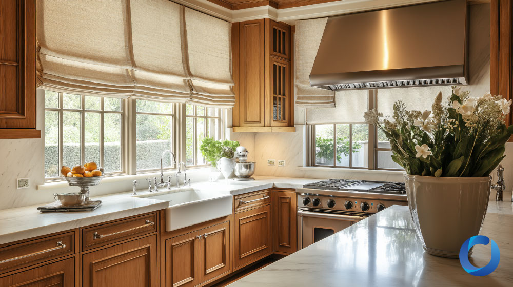 Classic kitchen with wooden cabinetry and beige Roman shades.