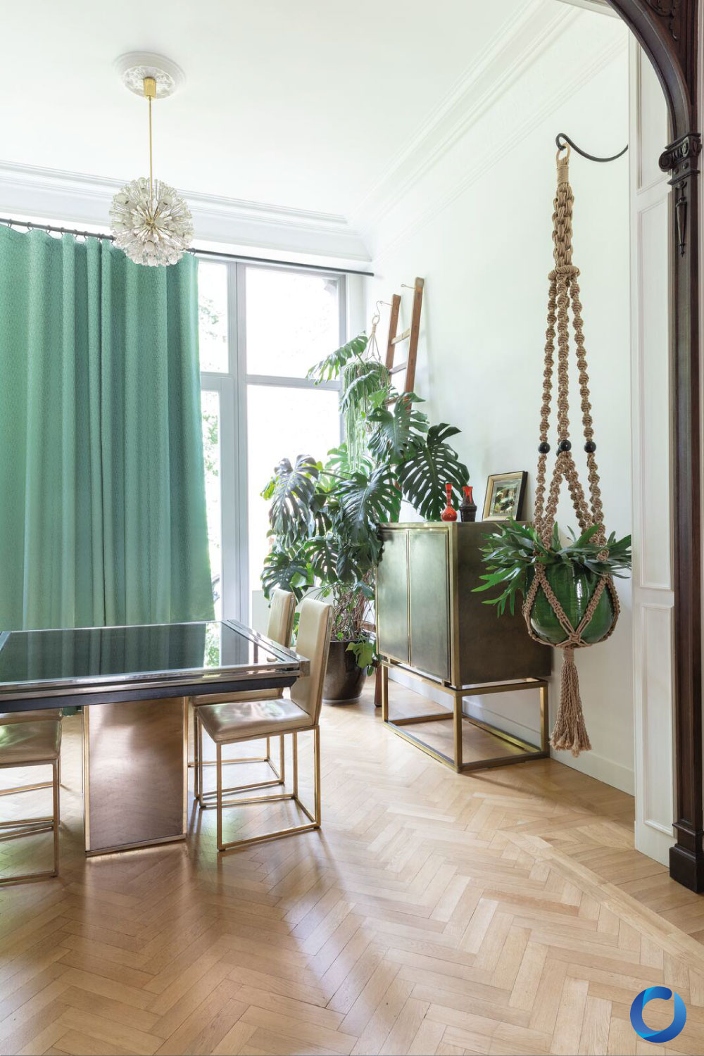 Eclectic dining room with green curtains and lush indoor plants. Futuristic Collection