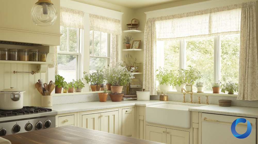 Cozy farmhouse kitchen with floral curtains and potted plants.