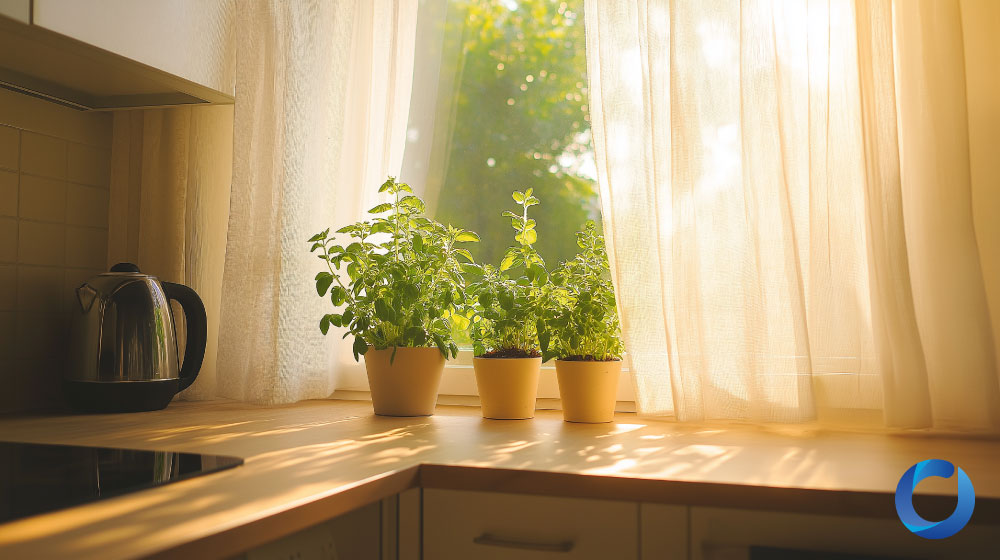 Sunny kitchen window with sheer curtains and potted herbs.