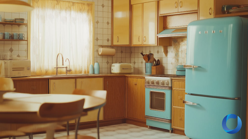 Retro kitchen with sheer curtains and vintage blue appliances.