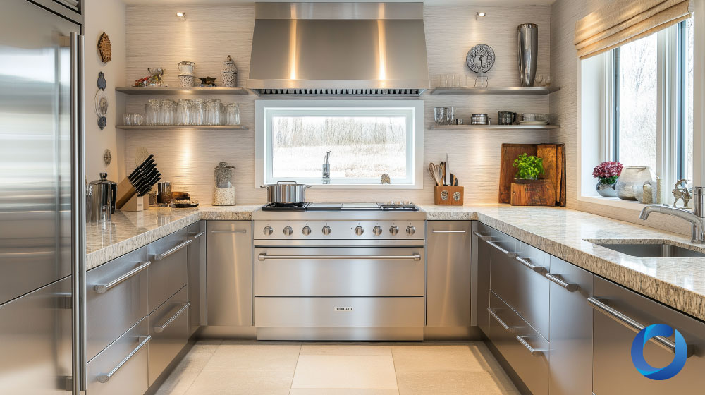 Modern stainless steel kitchen with Roman shades and open shelves.