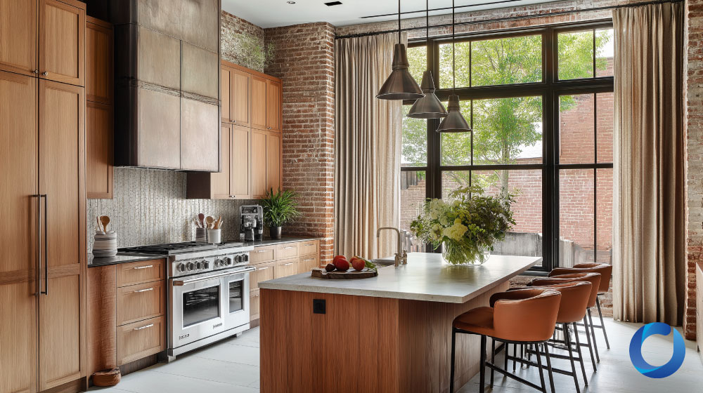 Industrial-style kitchen with exposed brick and floor-length curtains.