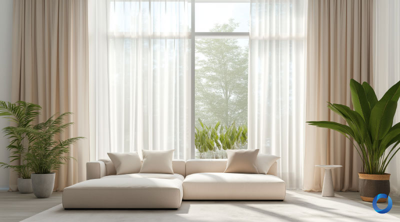 Neutral living room with sheer and blackout curtains