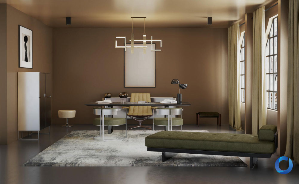 Modern home office with olive green accents and beige curtains. Geneva Collection