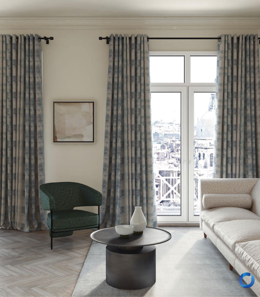 Elegant living room with blue patterned curtains and city view. Marmont Collection