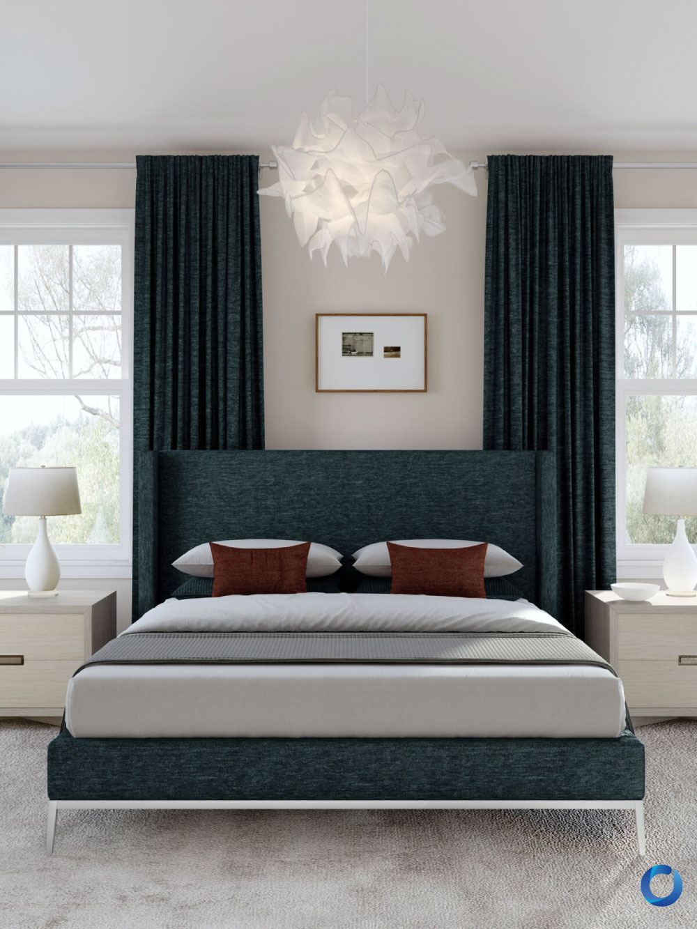 Modern bedroom with dark teal curtains and matching bedframe. Nero Collection