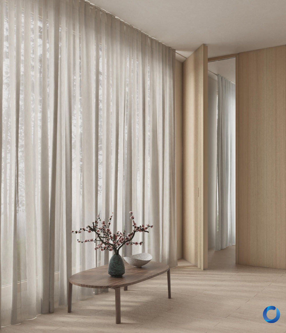 Soft neutral hallway with sheer curtains and wood accents. Texto Collection