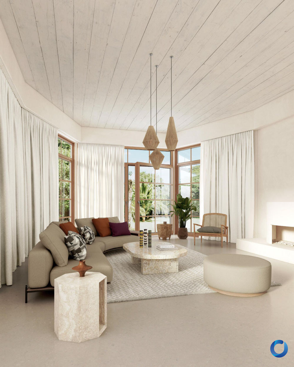 Bright living room with full-length white curtains and earthy decor. Zeal Collection