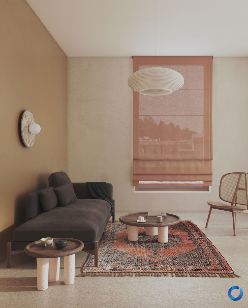 Earth-toned living room with sheer Roman shade. Collection Alcova