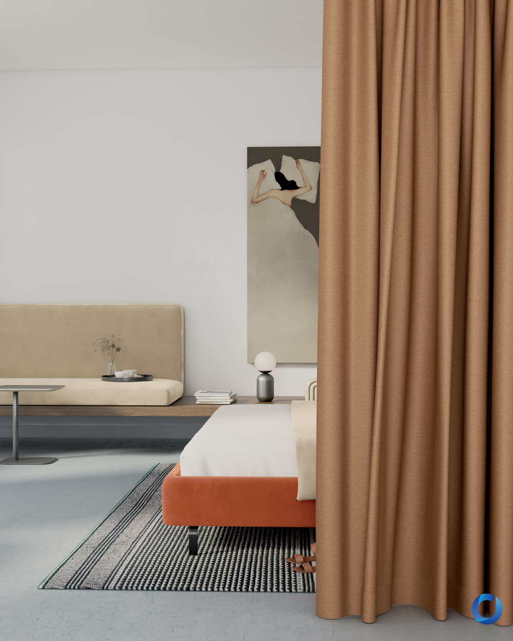 Minimalist bedroom with rust-colored curtains and modern decor. Collection Duede