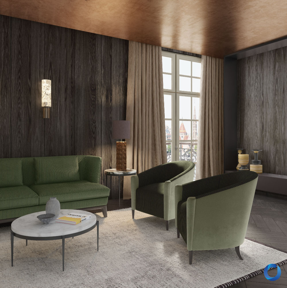 Luxurious living room with green velvet chairs and taupe curtains. Collection Embrace